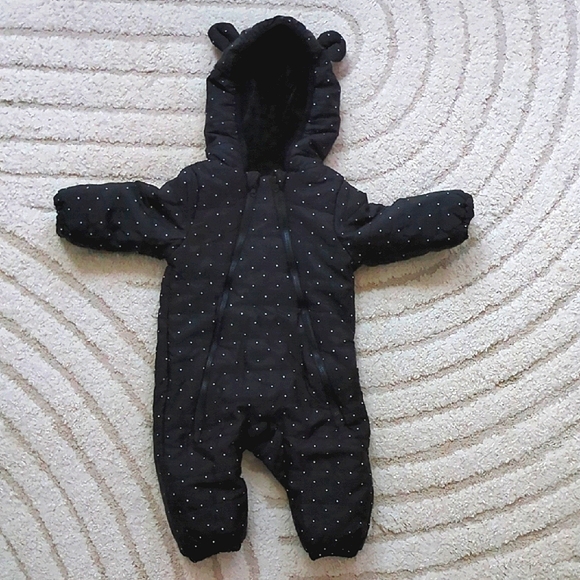 Cozy Navy Blue with White Polka Dot Kids Bear Winter Snowsuit - Picture 1 of 10